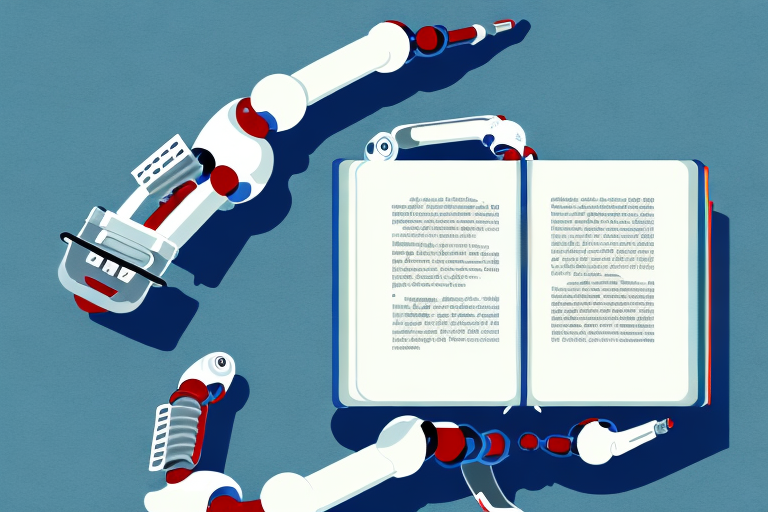 A futuristic robotic arm holding a book with a military history theme